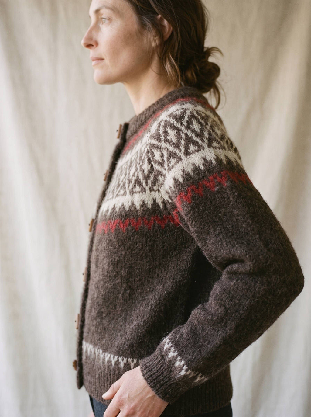 Artisans of Humanity - Cashmere Blend Fair Isle Toggle Cardigan | Chocolate Brown |