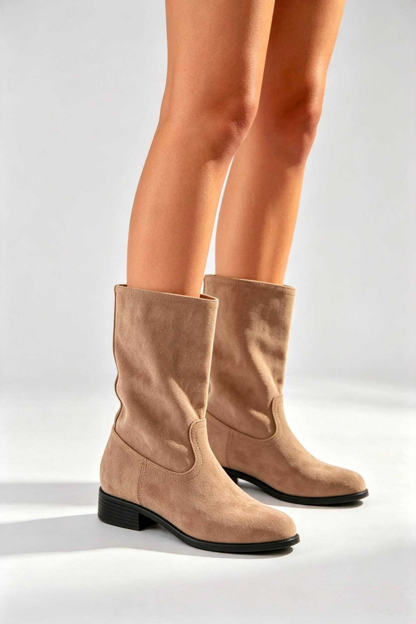 No Doubt Shoes - Designer Mid-Calf Suede Boots: KHAKI / STANDARD / UK8/US10