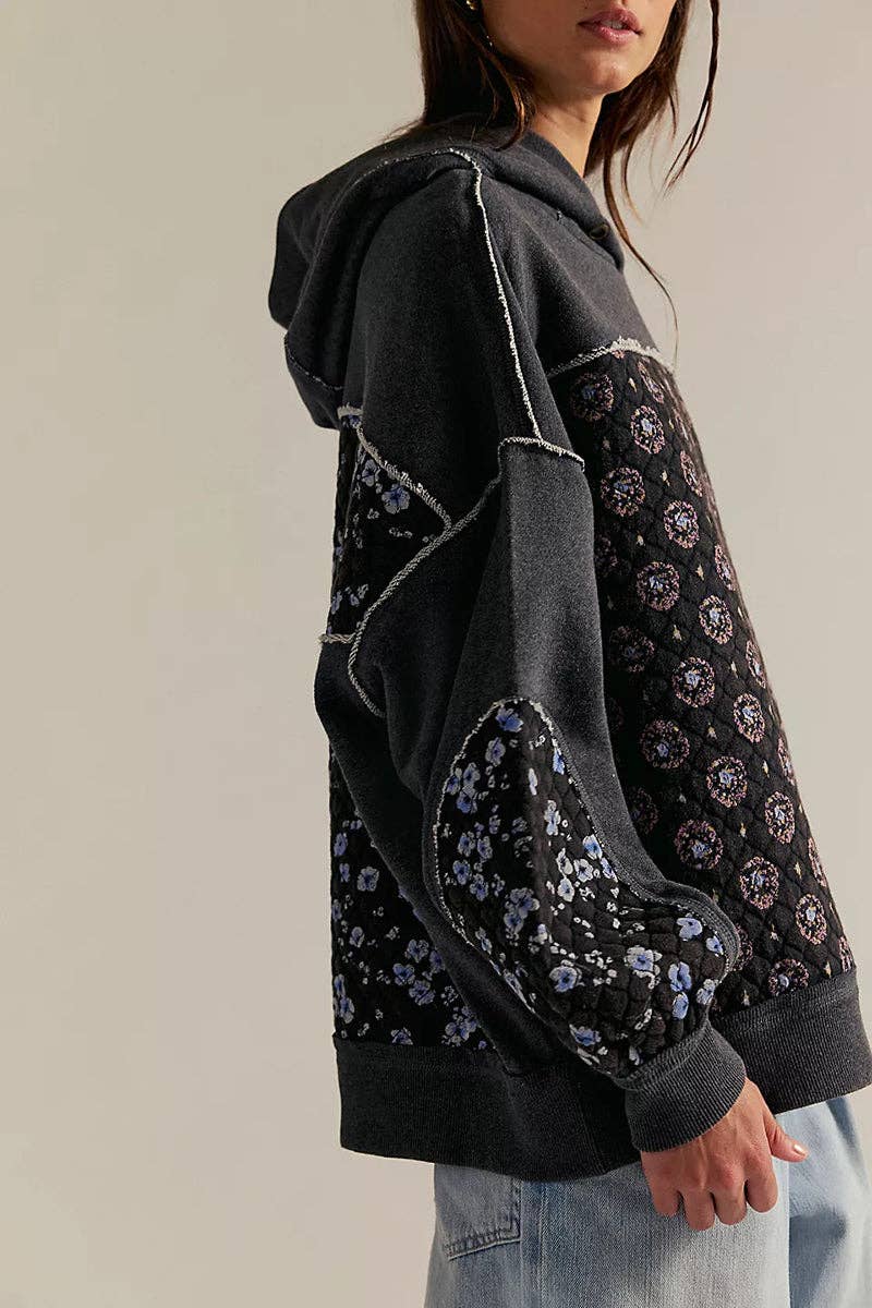 Mccolin - Patchwork Quilted Hoodie Sweatshirt: BLACK / S