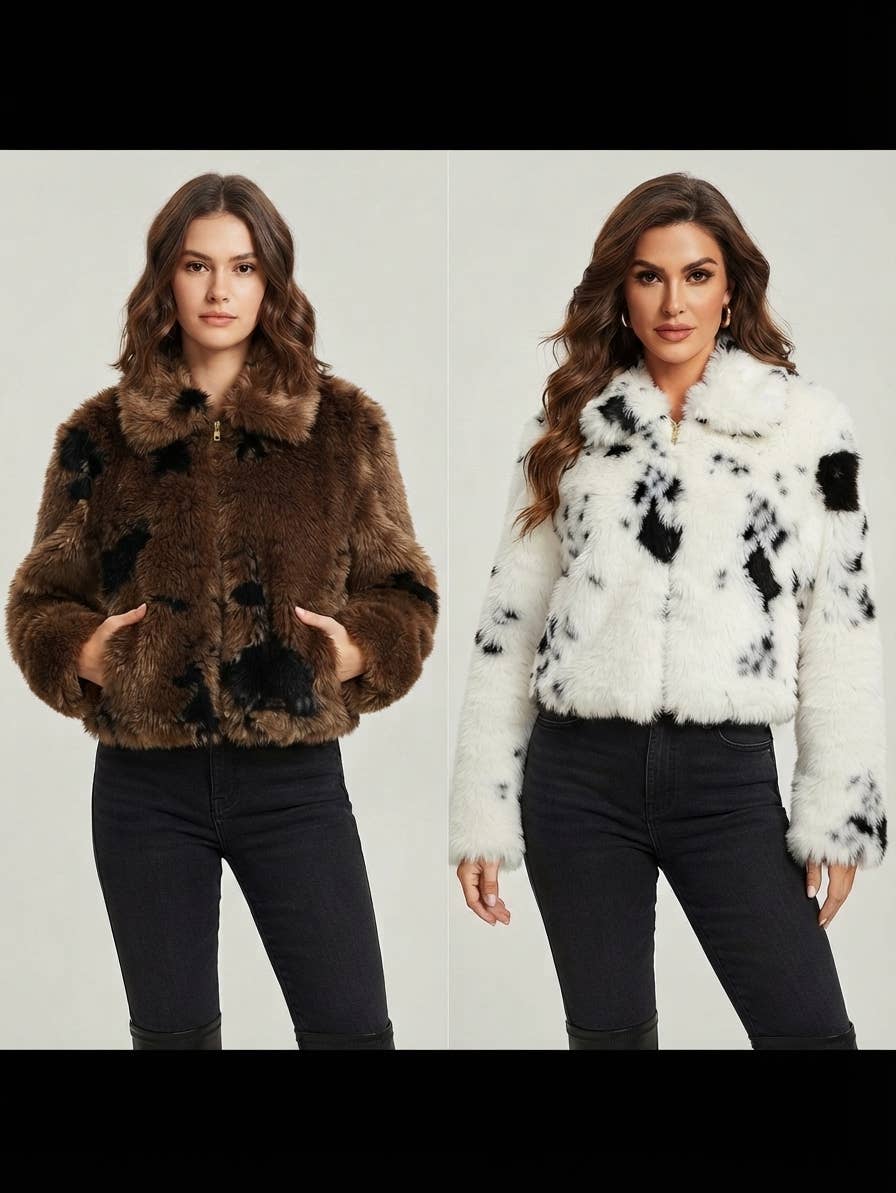 ANGELEYE - Faux Fur Coat with Zip in Hide - Brown & Cream: White / M/L