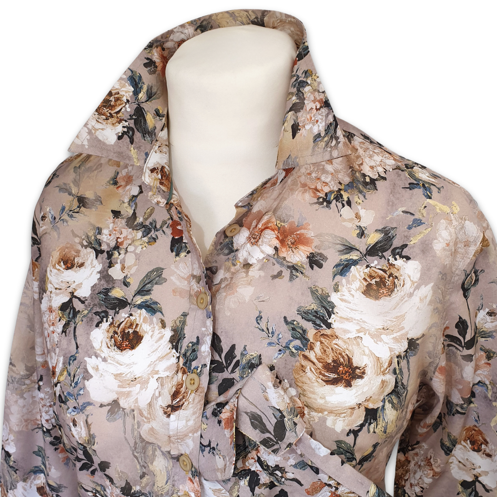 Salamander Shirts Ltd - Grenouille Ladies Taupe & White Floral Print Cotton Shirt: 42