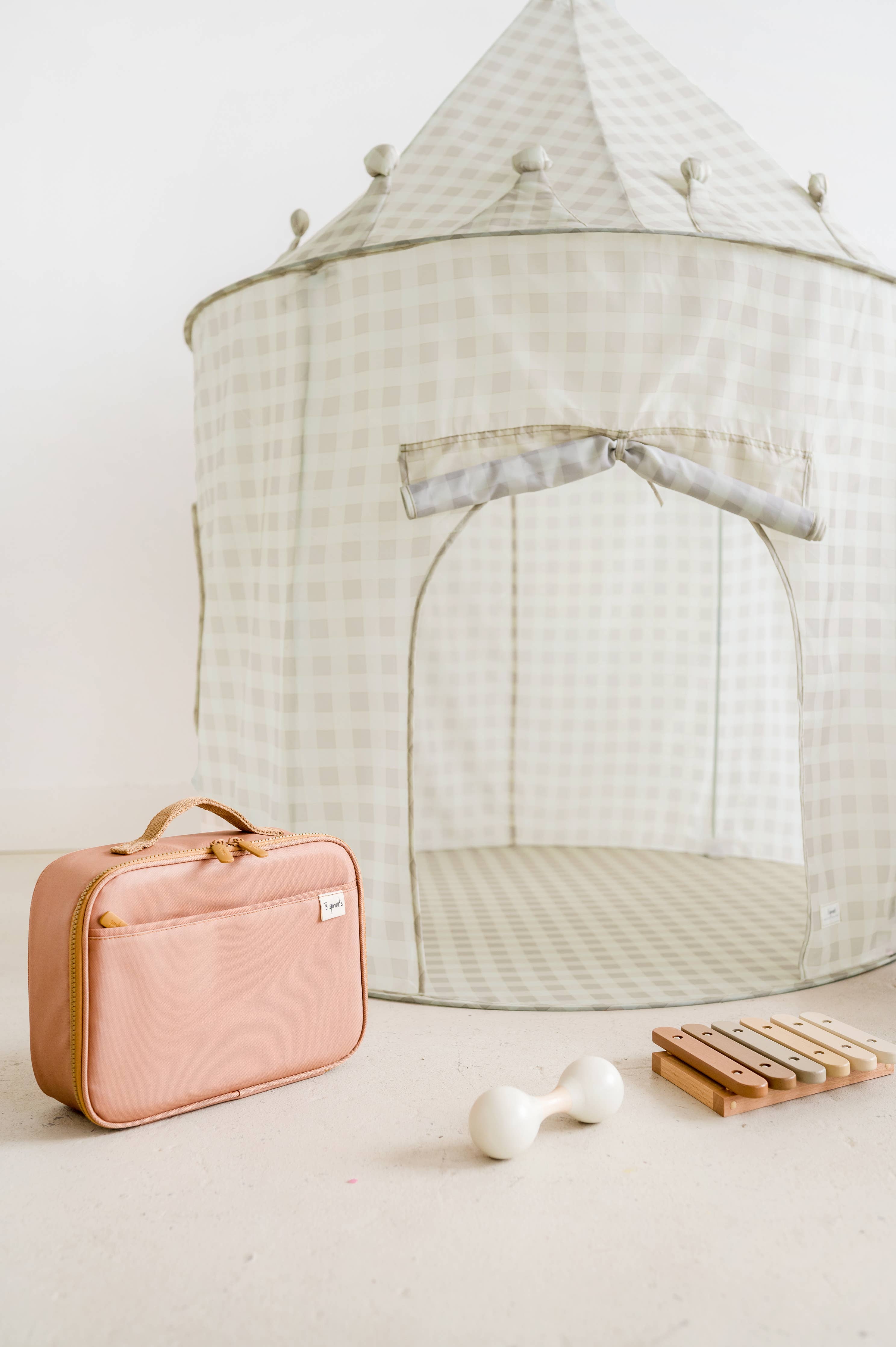 Kids Play Tent Castle with Recycled Fabric - Prints: Gingham Beige
