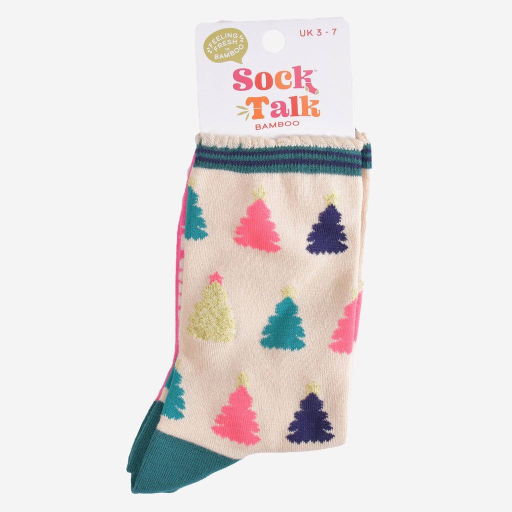 Sock Talk - Christmas Tree Bamboo Socks in Cream/Multi: UK 3-7 | EU 36-40 | US 5-9