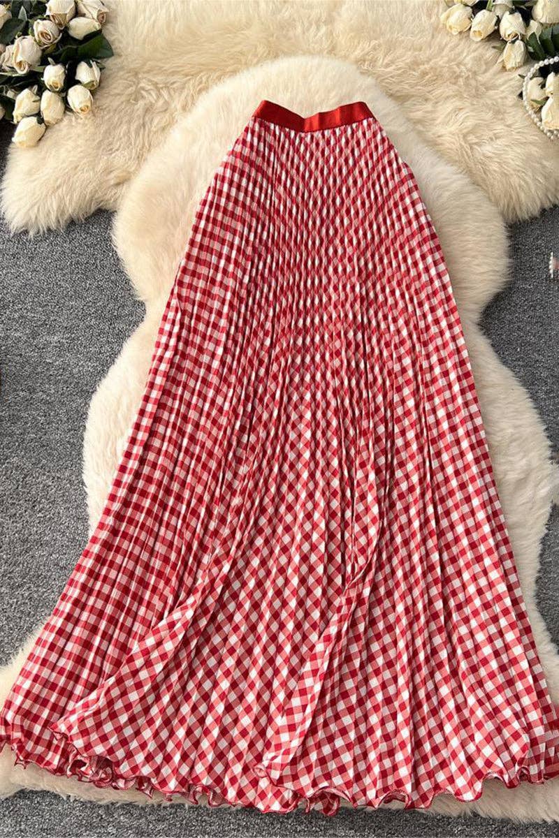 Mccolin - Checkered Flowing Maxi Skirt: RED / One Size