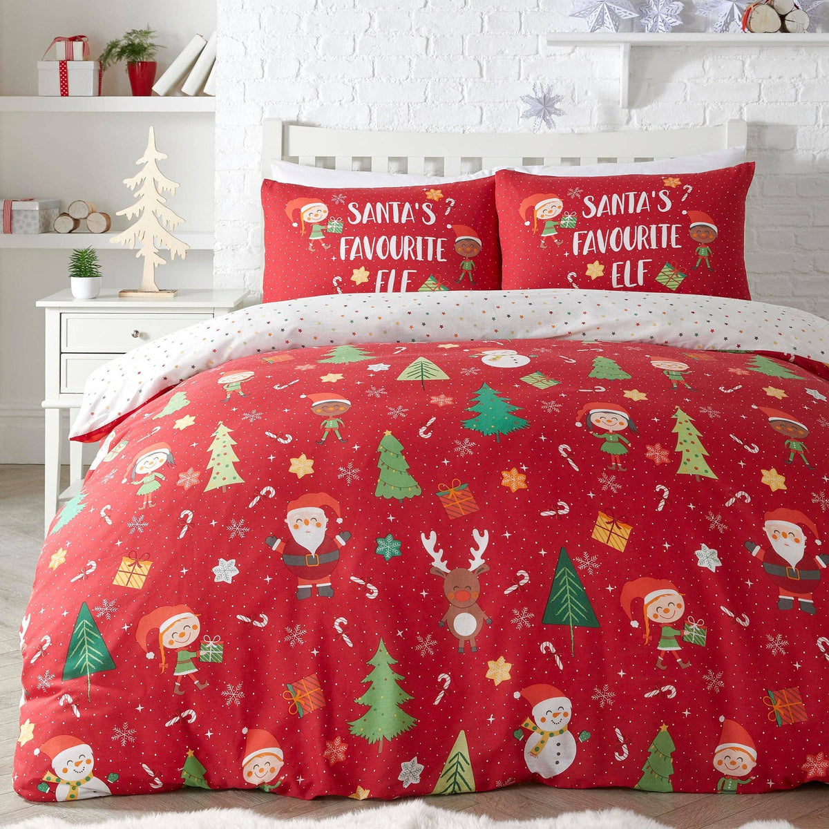 UW Home - Elf & Santa Duvet Cover Set by Bedlam Christmas in Multi: Single