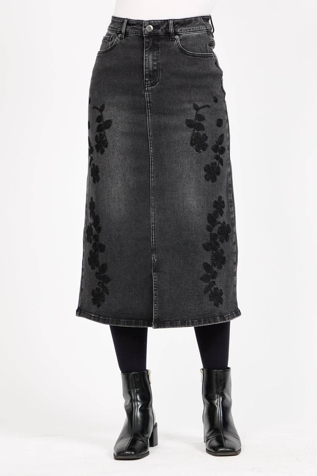 Mudflower - Embroidered Floral Washed Black Denim Midi Skirt - PACK OF 8: 18