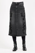 Mudflower - Embroidered Floral Washed Black Denim Midi Skirt - PACK OF 8: 12