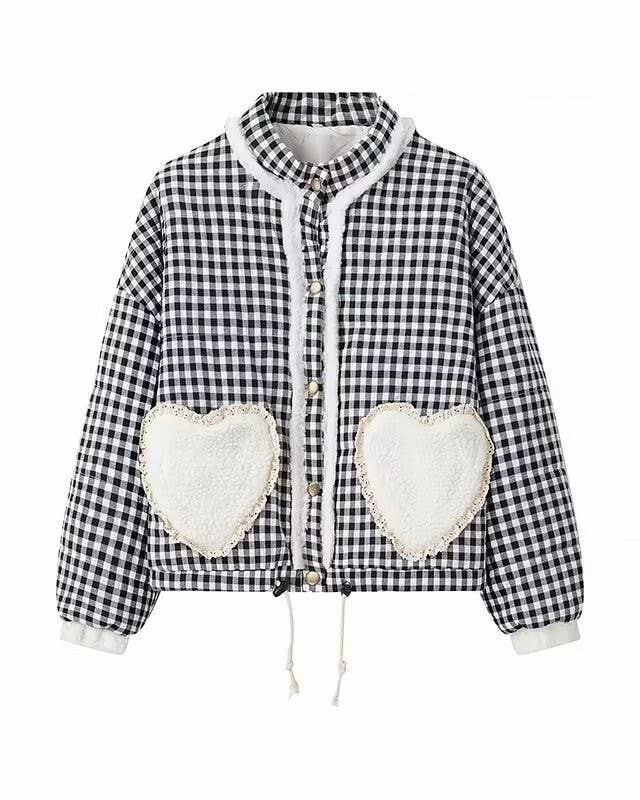 Rosa Clothing - Vintage Gingham Jacket with Heart Pockets and Lace Trim: Red / L