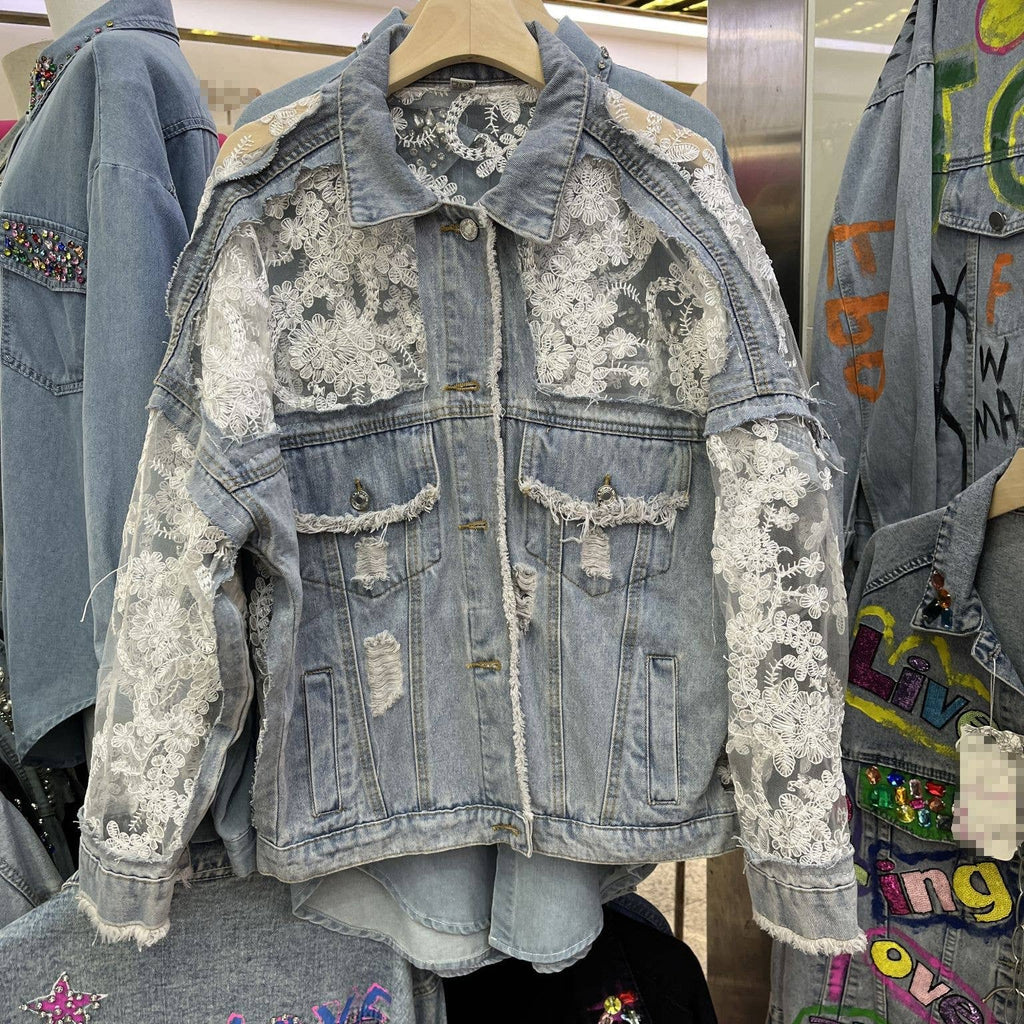 Rosa Clothing - Sheer Floral Lightweight Embroidered Lace Denim Jacket: Blue / L