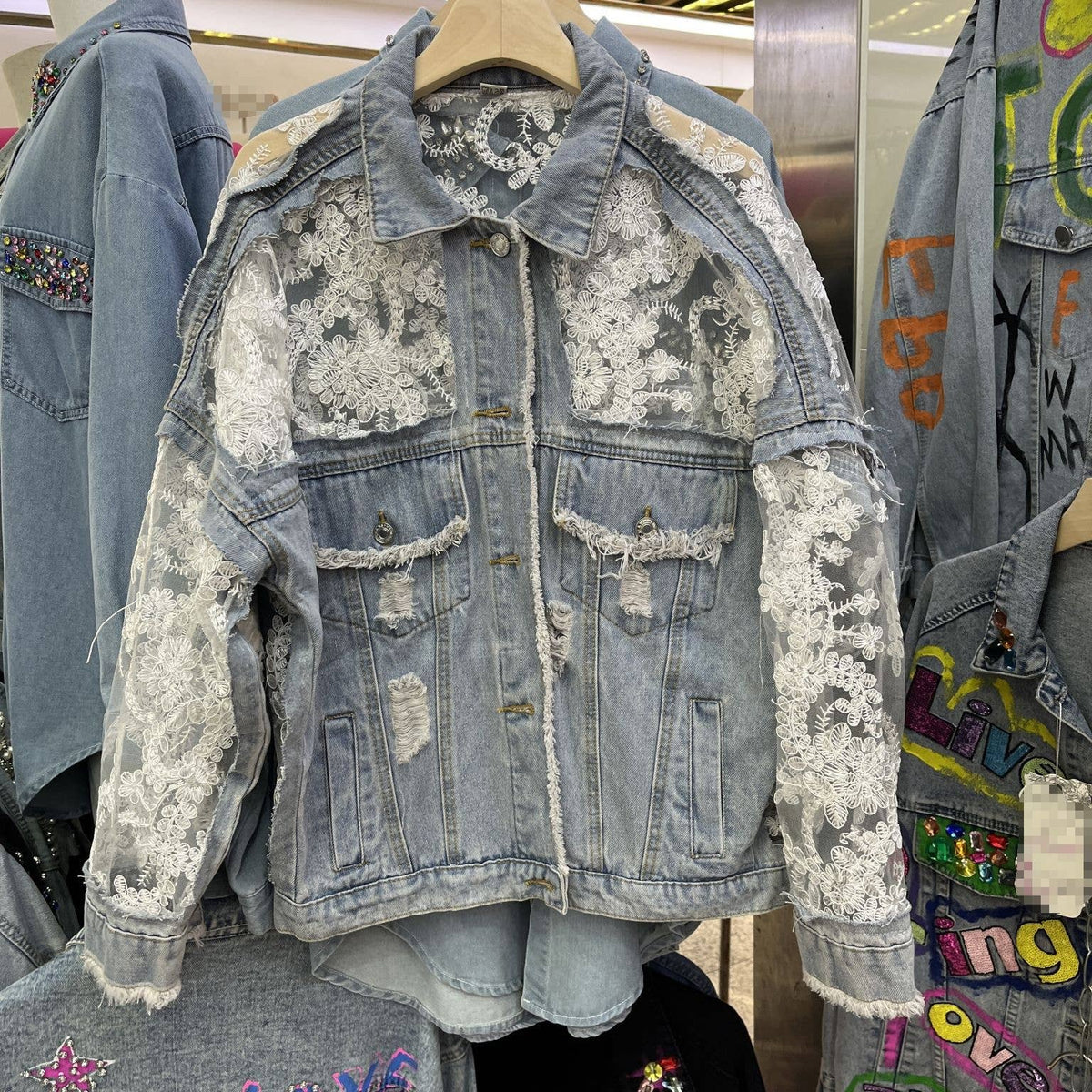 Rosa Clothing - Sheer Floral Lightweight Embroidered Lace Denim Jacket: Blue / L