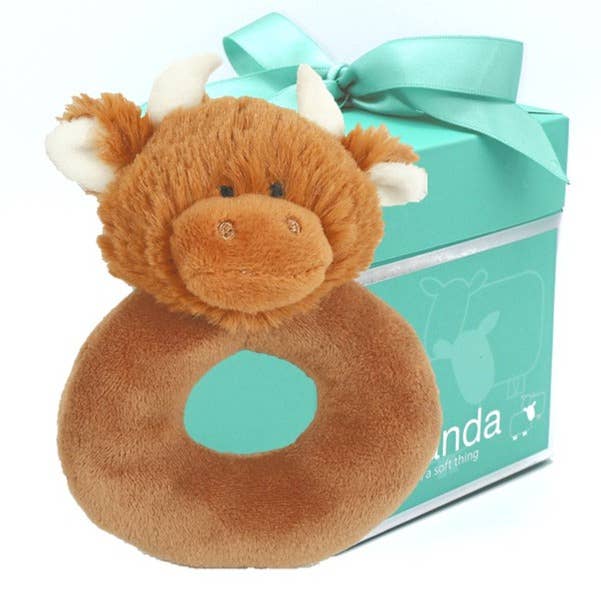 Scottish Highland Brown Cow Baby Plush Soft Toy Rattle -10CM