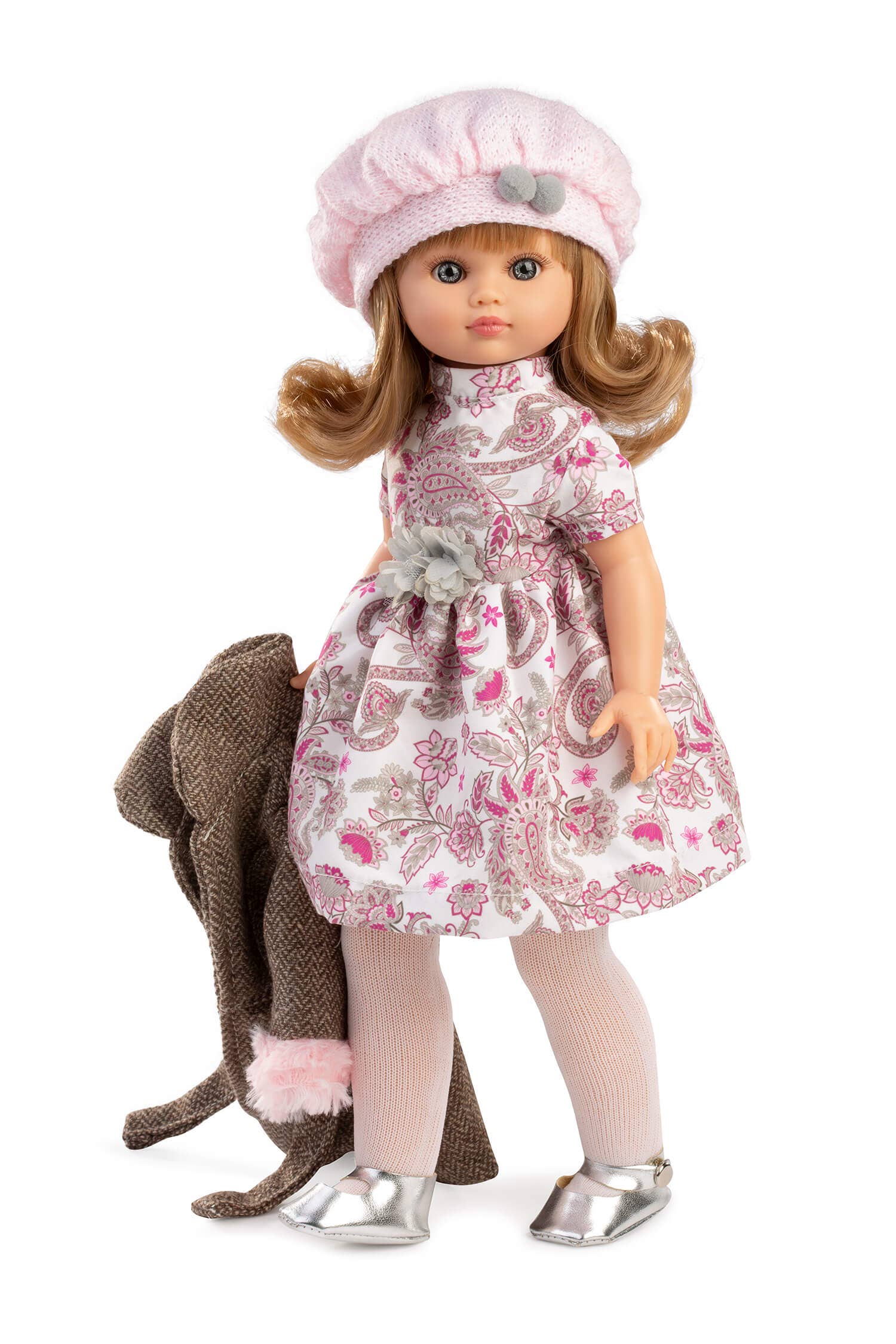 Fany doll with brown dress and coat. 40 cm