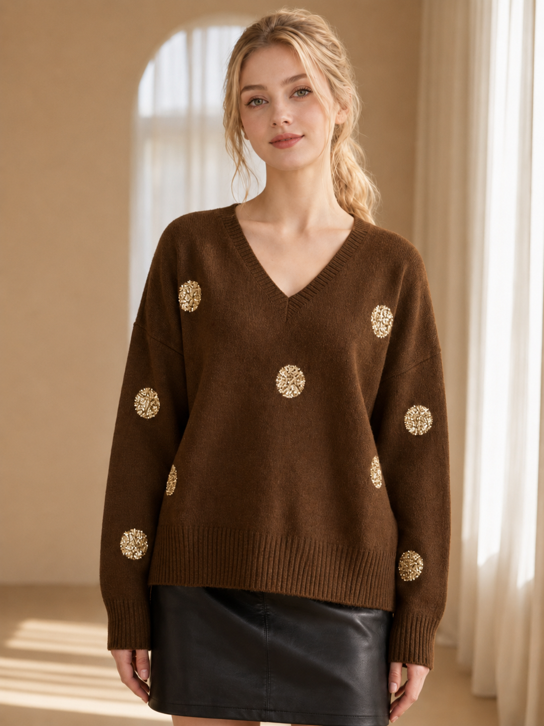 Lucy Sparks - Sequin Disc V-Neck Knitted Jumper: Beige