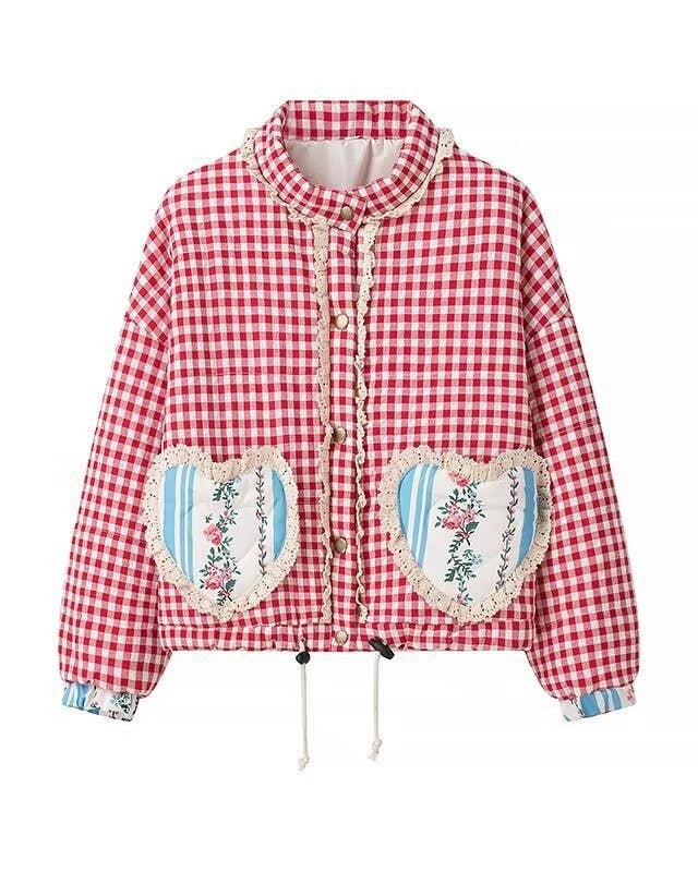 Rosa Clothing - Vintage Gingham Jacket with Heart Pockets and Lace Trim: Red / M