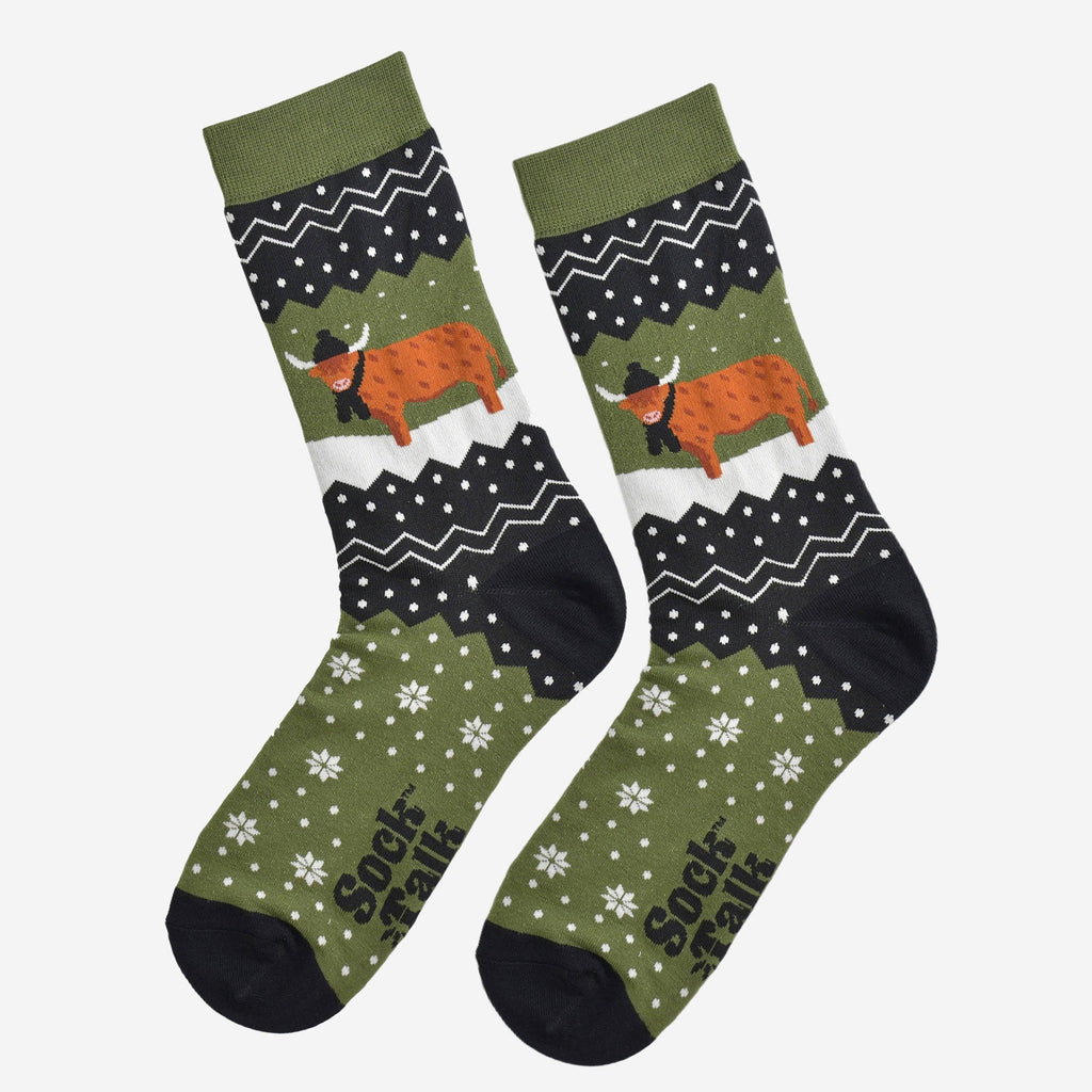 Sock Talk - Men's Bamboo Socks - Green/Black, Winter Highland Cow: UK 7-11 | EU 40.5-46 | US 8-12