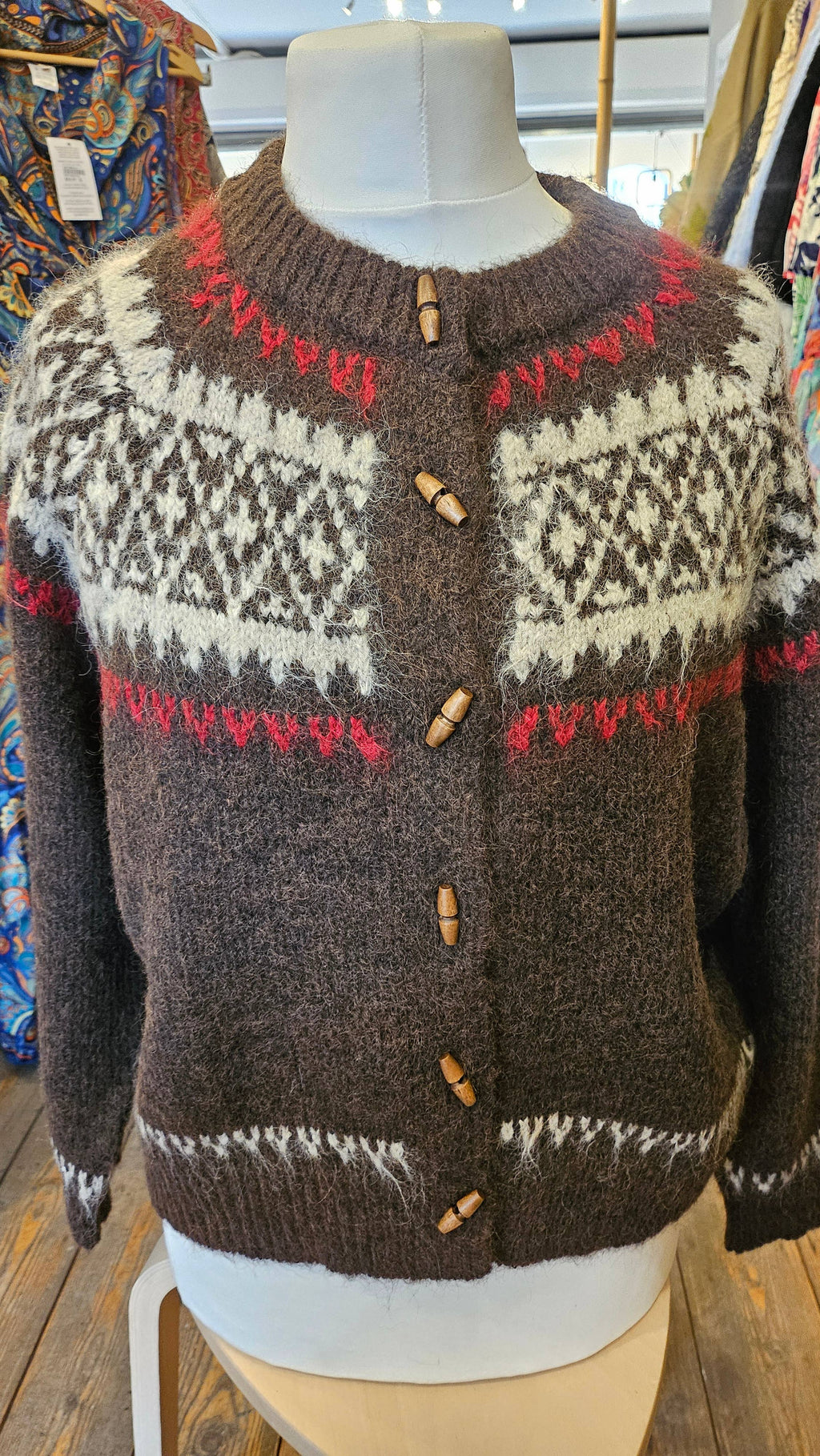 Artisans of Humanity - Cashmere Blend Fair Isle Toggle Cardigan | Chocolate Brown |