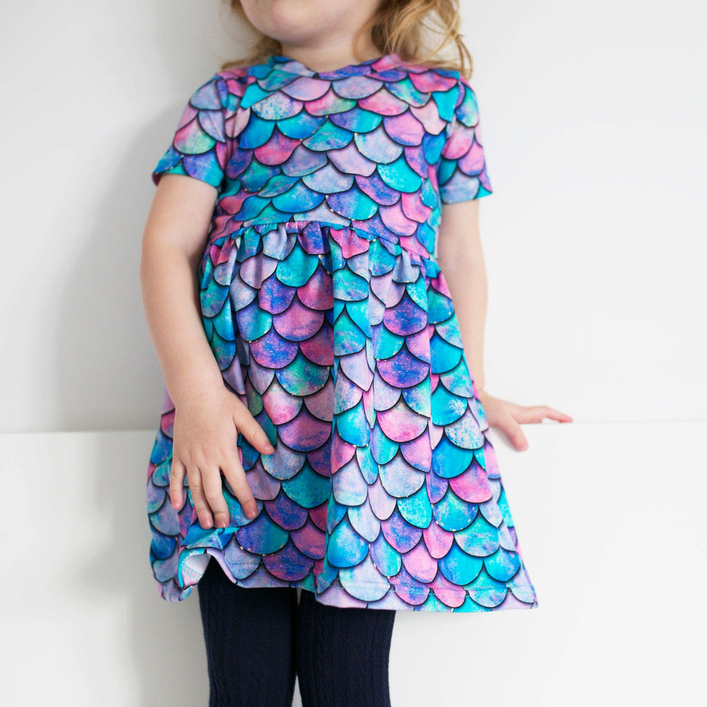Girls Short Sleeve Cotton Dress - Mermaid Print: 4-5 Y