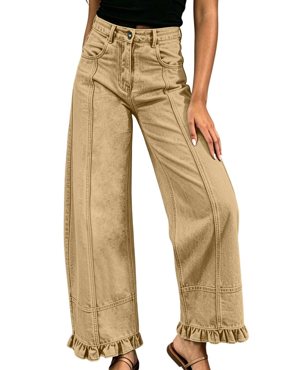 Rosa Clothing - Vintage Patchwork Seam Ruffle Hem Baggy Wide Leg Jeans: E / L