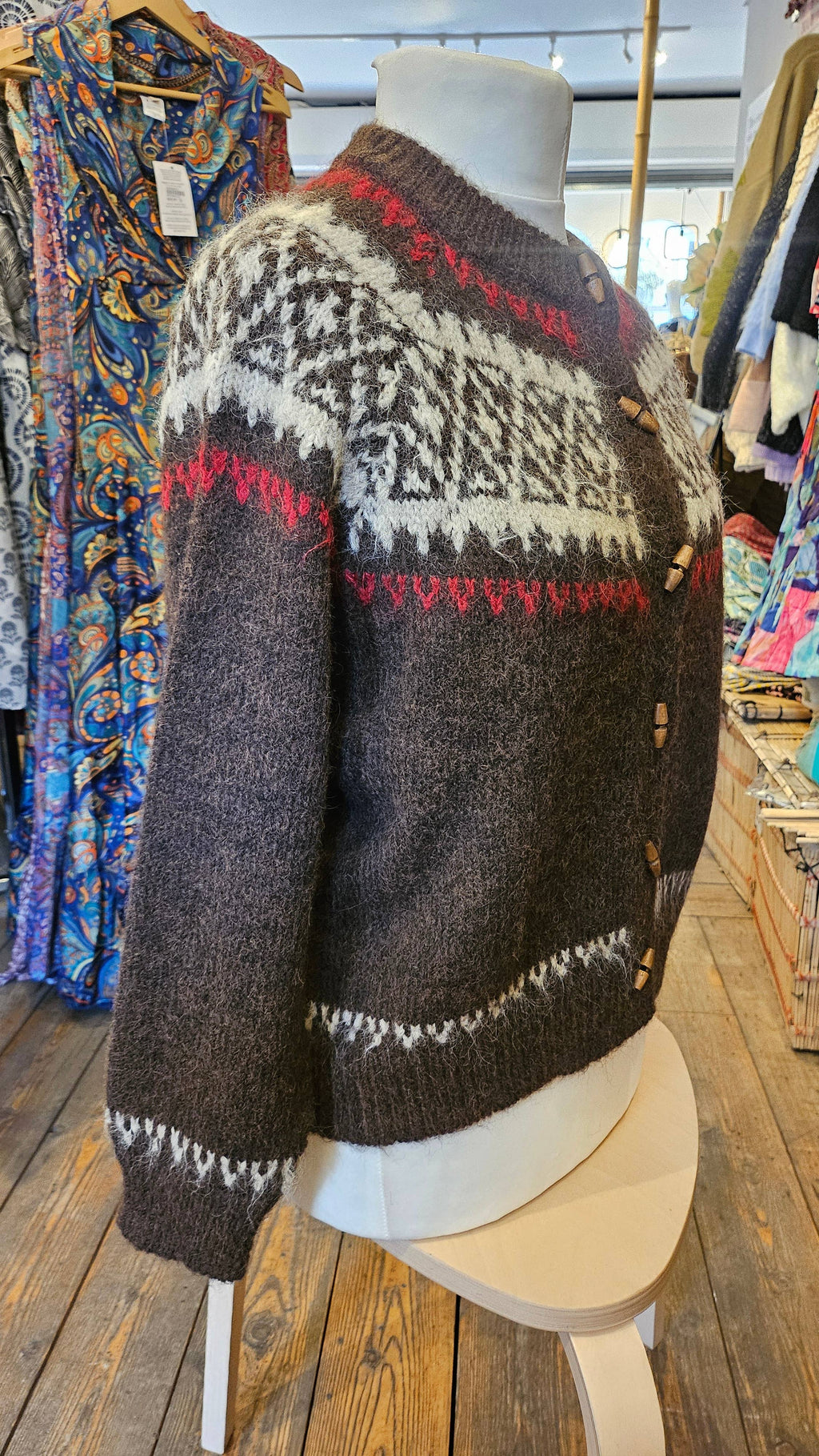 Artisans of Humanity - Cashmere Blend Fair Isle Toggle Cardigan | Chocolate Brown |