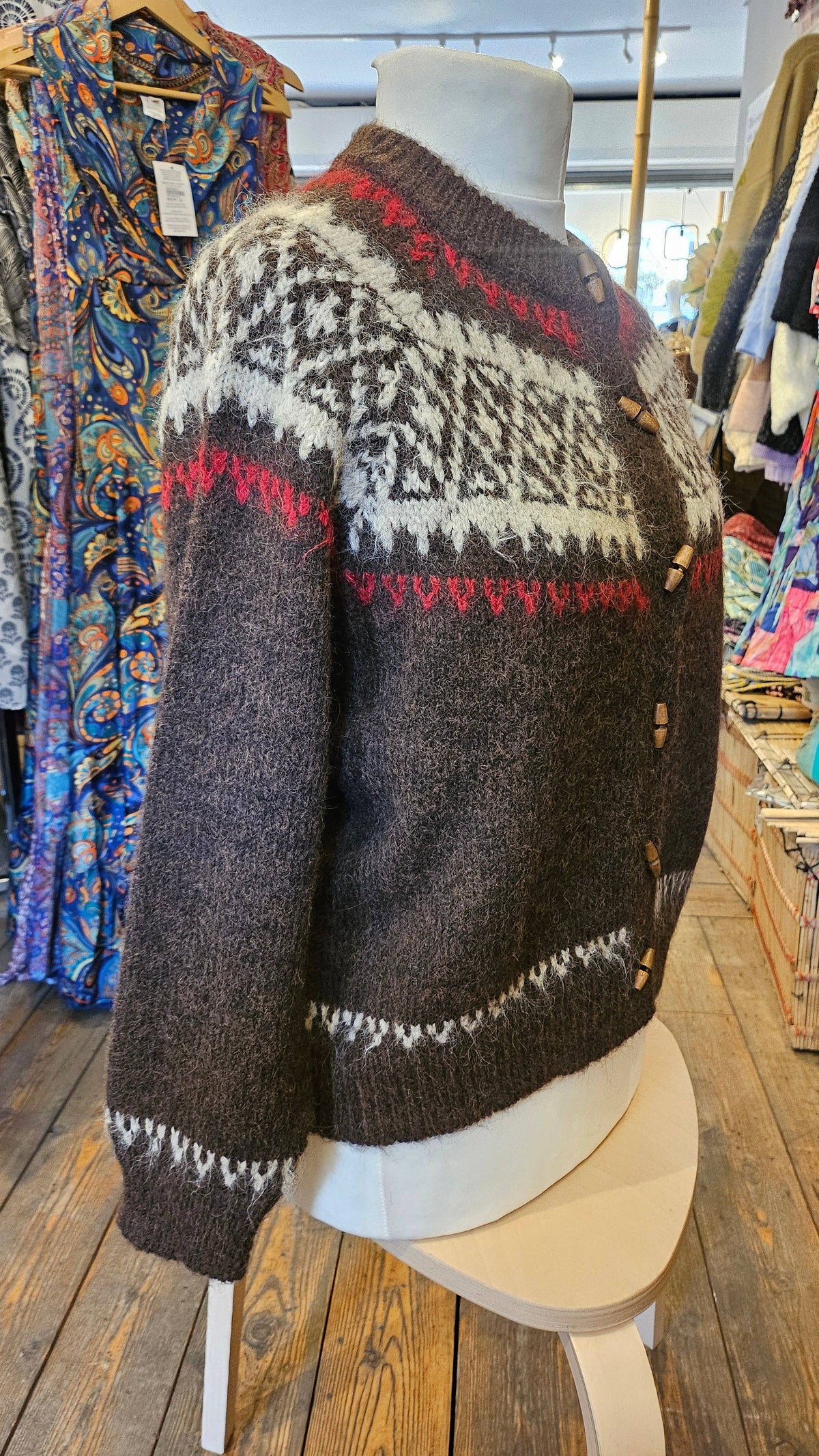 Artisans of Humanity - Cashmere Blend Fair Isle Toggle Cardigan | Chocolate Brown |