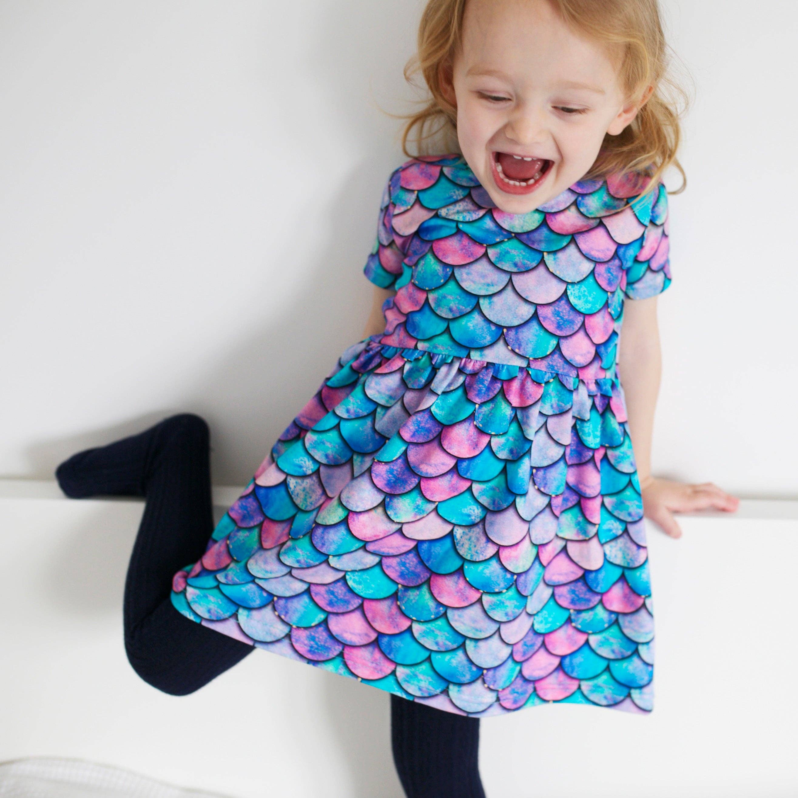 Girls Short Sleeve Cotton Dress - Mermaid Print: 2-3 Y