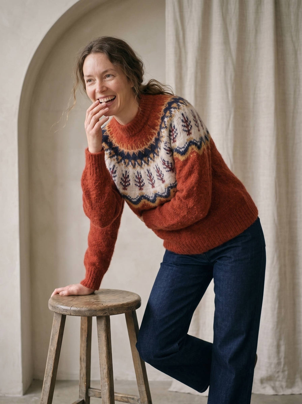 Artisans of Humanity - Cashmere Blend Nordic Fair Isle Yoke Jumper | Rust Red