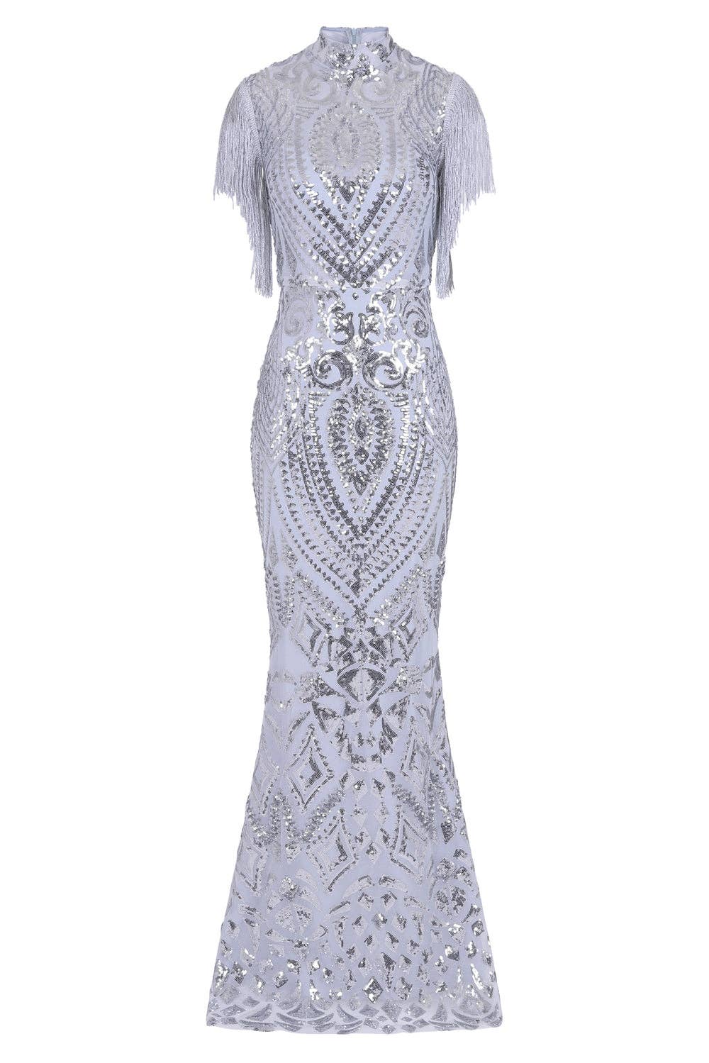 Nazz Collection Clothing Ltd - Magic Vip Silver Luxe Tassel Fringe Sequin Embellished Illusion Maxi Dress: 10