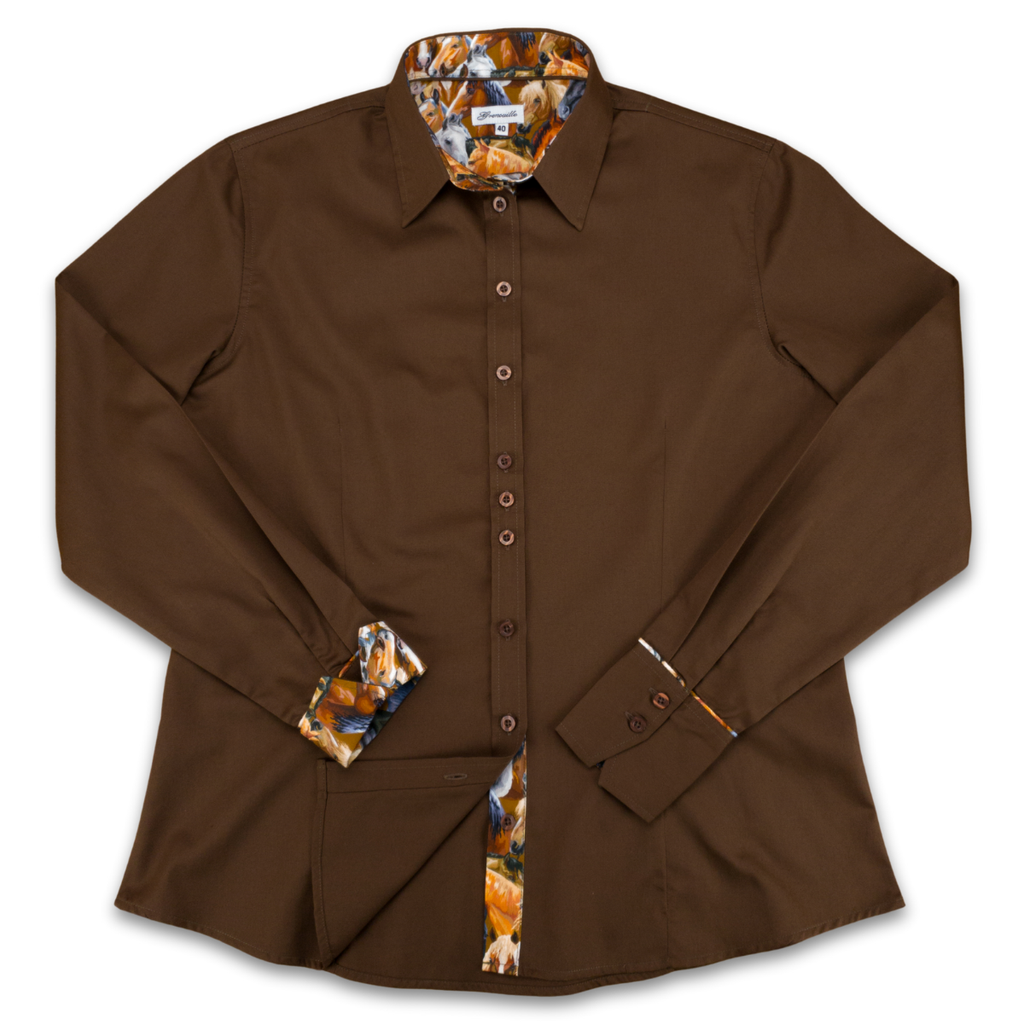 Salamander Shirts Ltd - Grenouille Ladies Brown Shirt with Horse Print Fabric Detail: 40