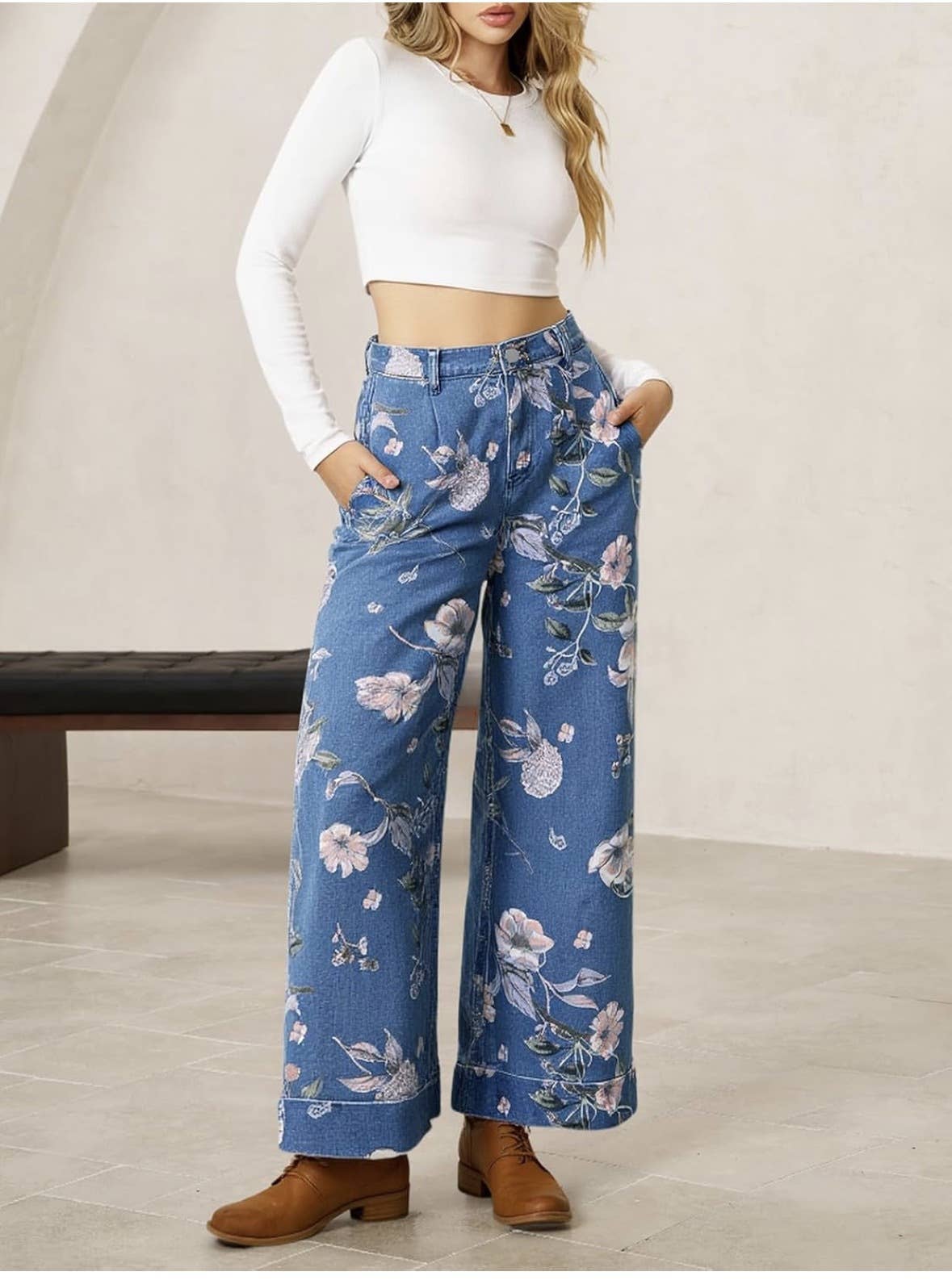 Rosa Clothing - Women Vintage Floral Print Wide Leg Jeans Boho Street Wear: Coffee / L