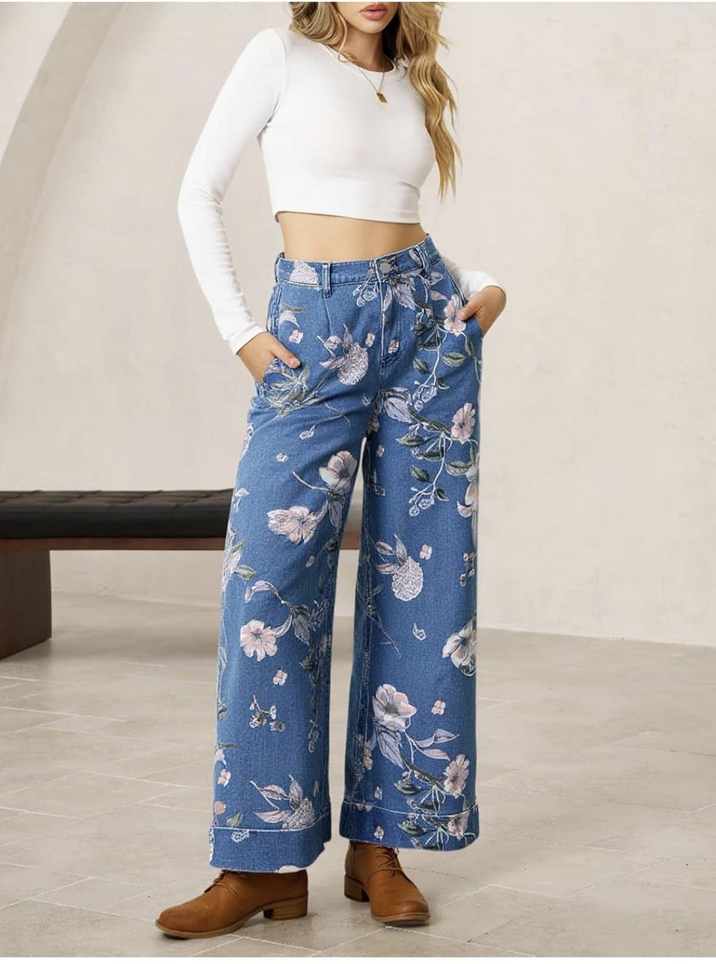 Rosa Clothing - Women Vintage Floral Print Wide Leg Jeans Boho Street Wear: Coffee / M