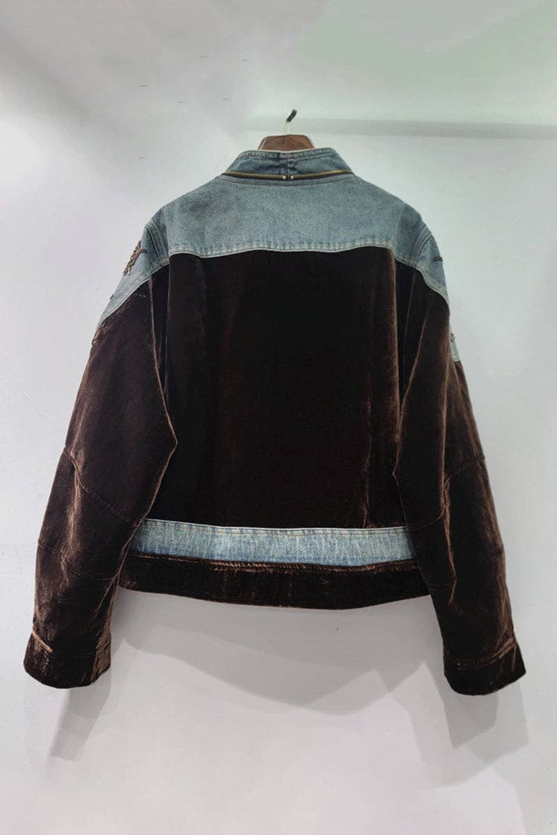 Mccolin - Embellished Denim Patch Velvet Jacket: COFFEE / One Size