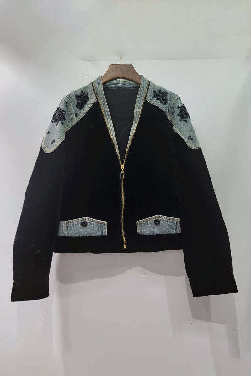 Mccolin - Embellished Denim Patch Velvet Jacket: COFFEE / One Size