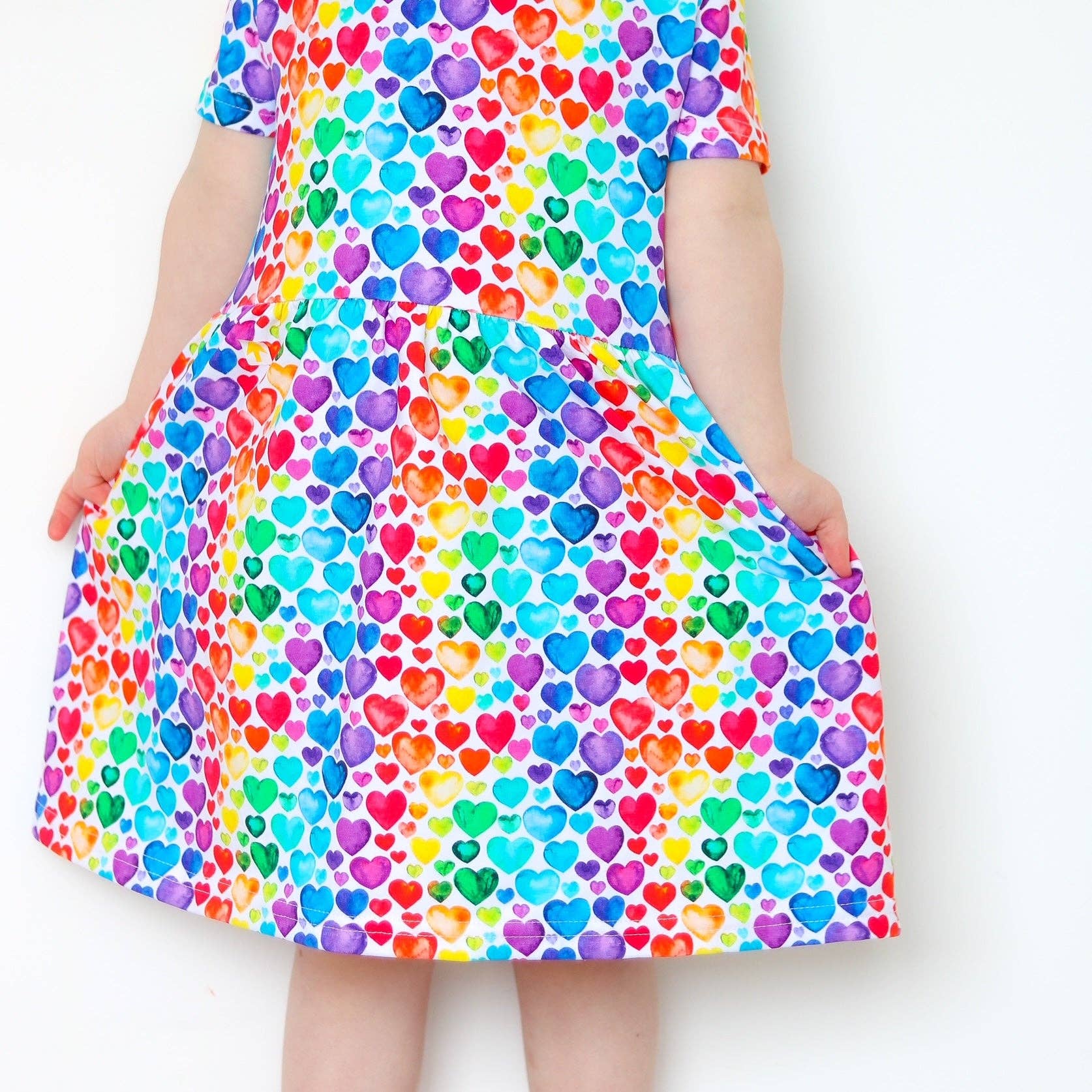 Girls Short Sleeve Cotton Dress -  Rainbow Hearts: 2-3 Y