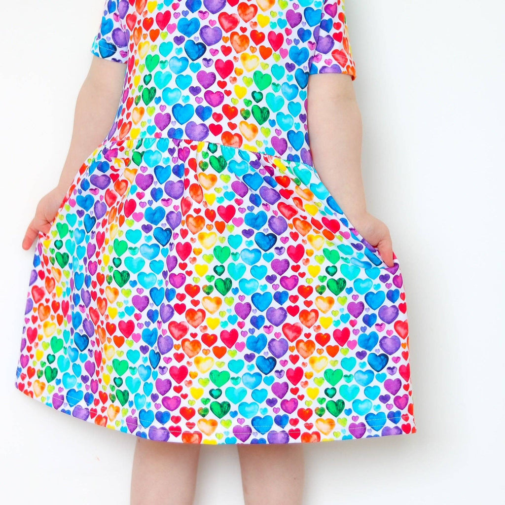 Girls Short Sleeve Cotton Dress -  Rainbow Hearts: 4-5 Y