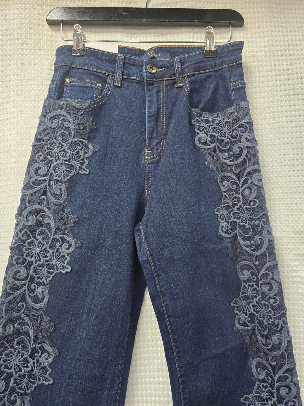 Kurt Muller - Indigo Side Lace Crochet Wide Leg Stretch Jeans