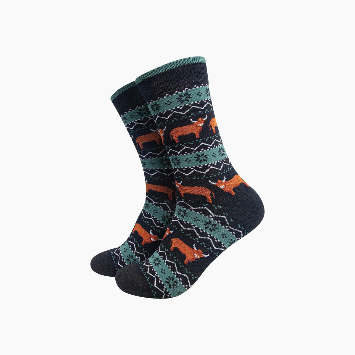 Sock Talk - Highland Cow Fair Isle Men's Bamboo Socks in Black/Green: UK 7-11 | EU 40.5-46 | US 8-12