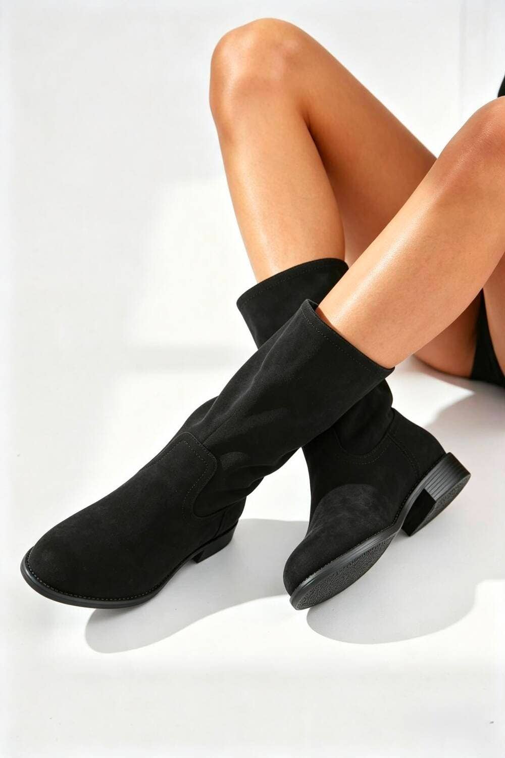 No Doubt Shoes - Designer Mid-Calf Suede Boots: KHAKI / STANDARD / UK4/US6