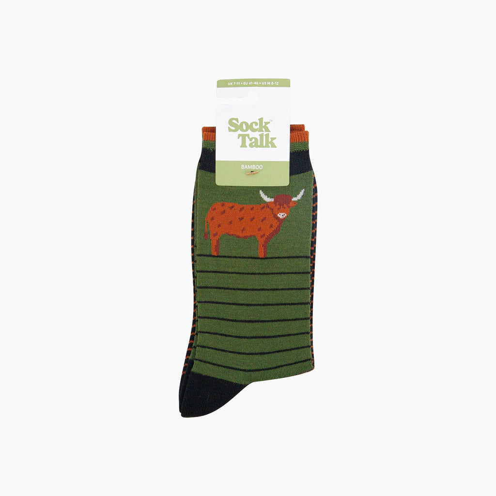 Sock Talk - Highland Cow Striped Bamboo Socks in Green: UK 7-11 | EU 40.5 -46 | US 8-12