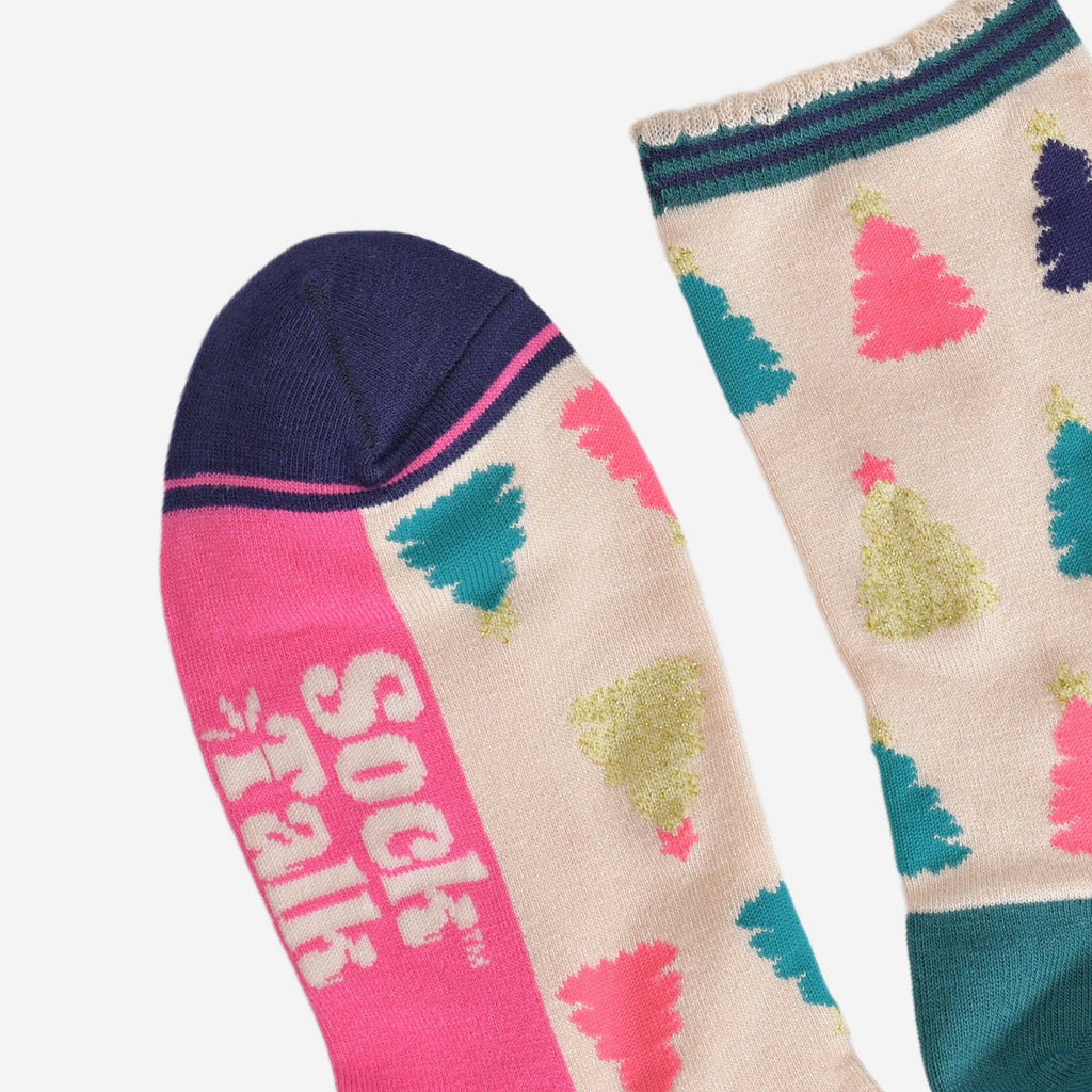 Sock Talk - Christmas Tree Bamboo Socks in Cream/Multi: UK 3-7 | EU 36-40 | US 5-9