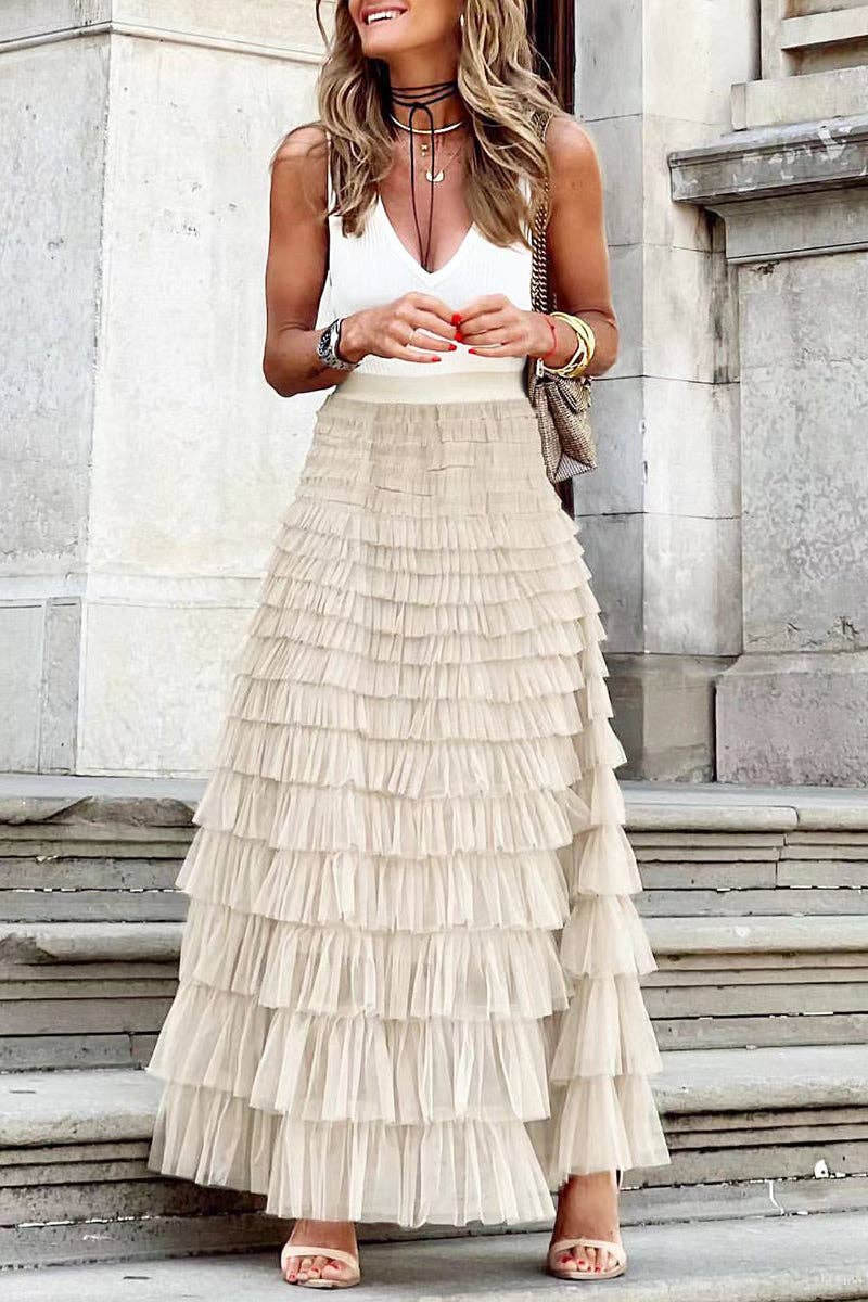 Mccolin - Layered Ruffle Maxi Skirt: KHAKI / XL