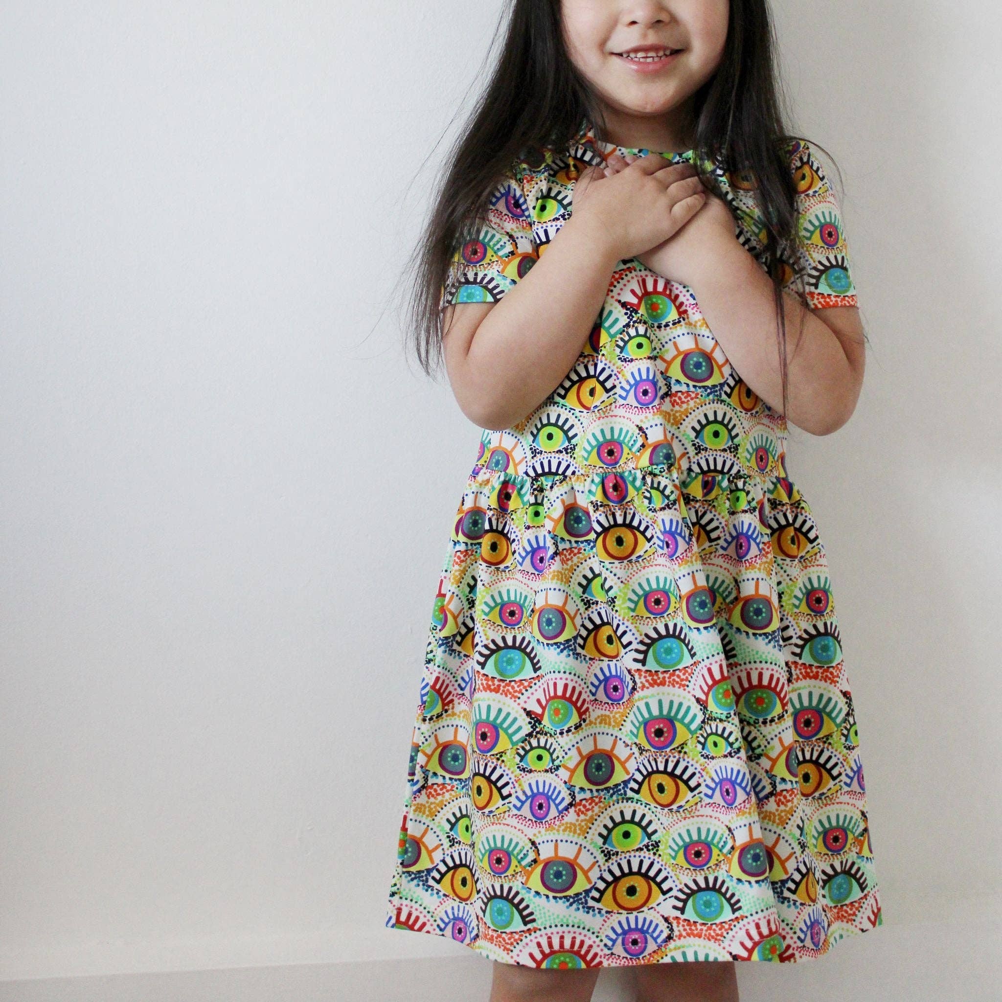 Girls Short Sleeve Cotton Dress - Eye print: 2-3 Y