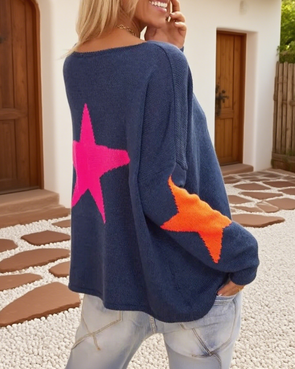 Rosa Clothing - Y2k Relaxed Star Jacquard Knit Jumper In Navy: Navy / M