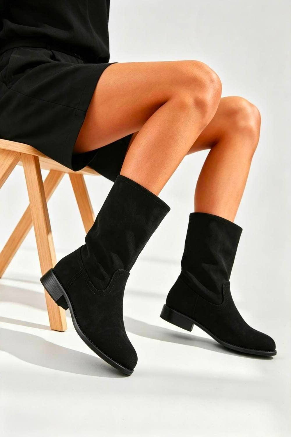 No Doubt Shoes - Designer Mid-Calf Suede Boots: KHAKI / STANDARD / UK5/US7