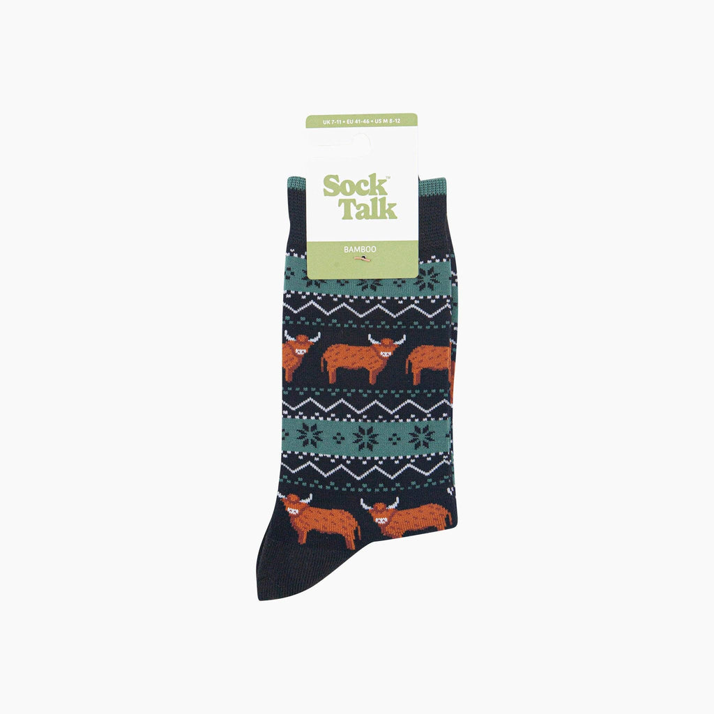Sock Talk - Highland Cow Fair Isle Men's Bamboo Socks in Black/Green: UK 7-11 | EU 40.5-46 | US 8-12