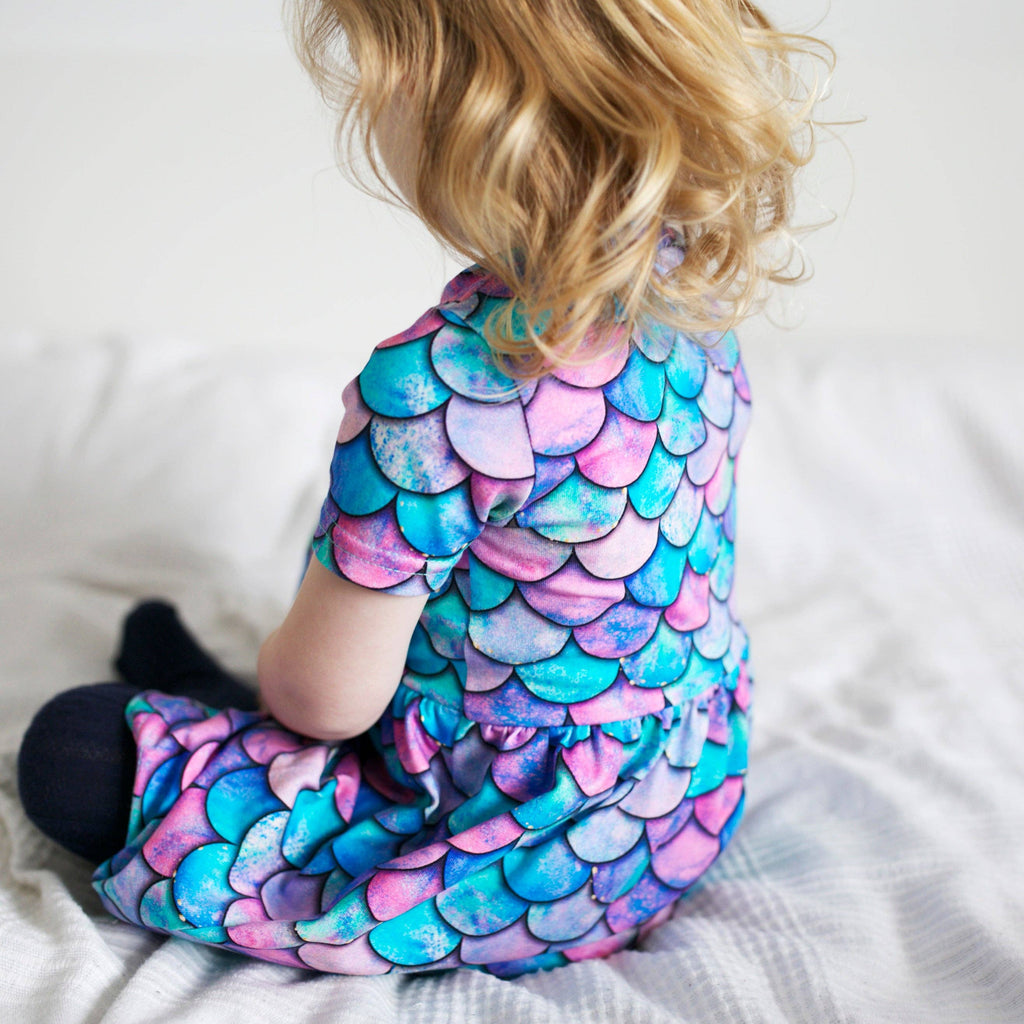 Girls Short Sleeve Cotton Dress - Mermaid Print: 4-5 Y