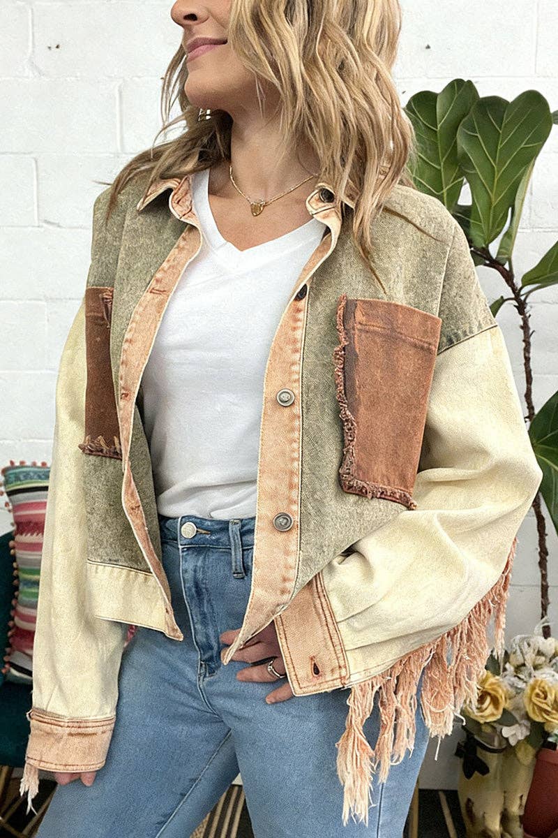 Mccolin - Stylish Patchwork Denim Jacket: GREEN / M