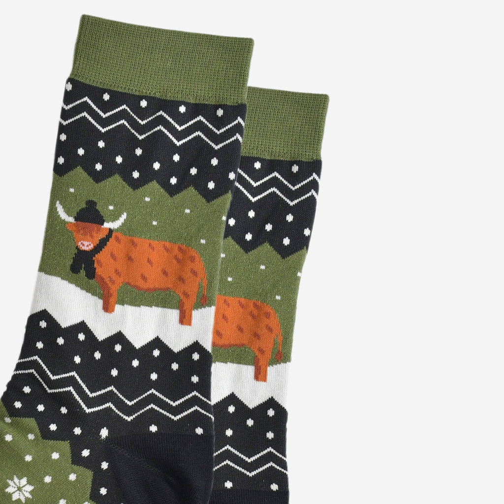 Sock Talk - Men's Bamboo Socks - Green/Black, Winter Highland Cow: UK 7-11 | EU 40.5-46 | US 8-12