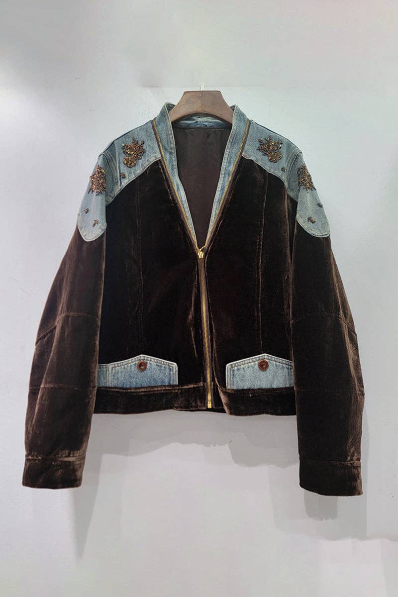 Mccolin - Embellished Denim Patch Velvet Jacket: COFFEE / One Size