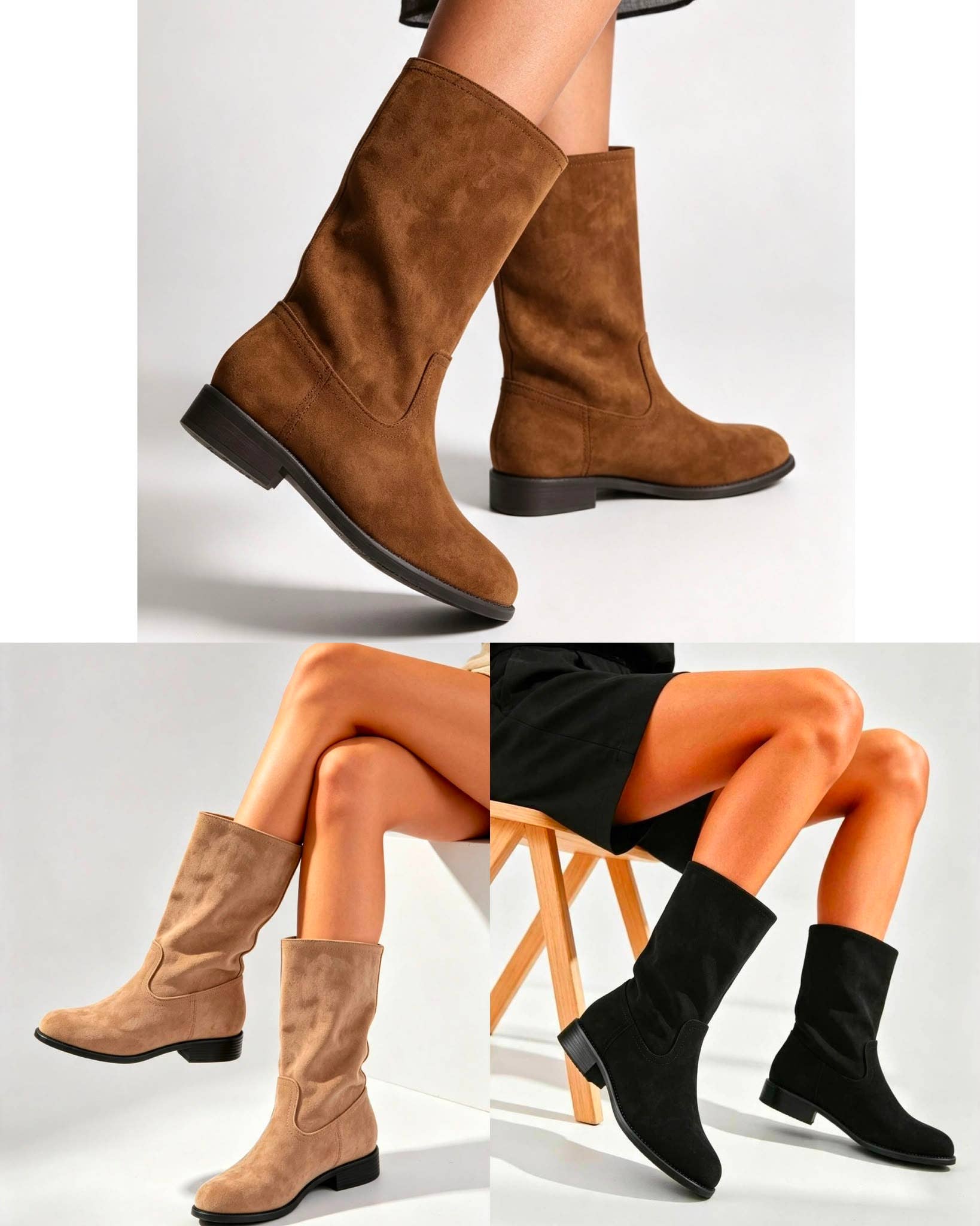 No Doubt Shoes - Designer Mid-Calf Suede Boots: KHAKI / STANDARD / UK7/US9