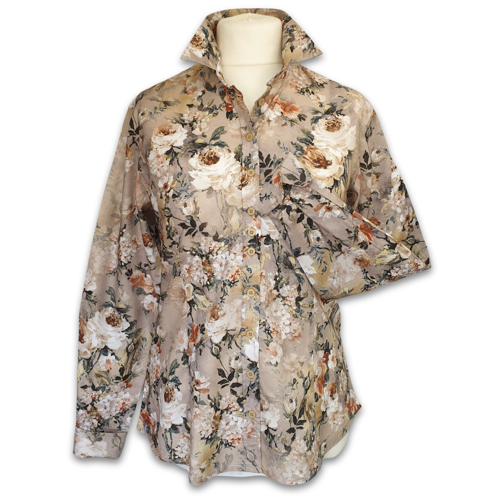Salamander Shirts Ltd - Grenouille Ladies Taupe & White Floral Print Cotton Shirt: 38